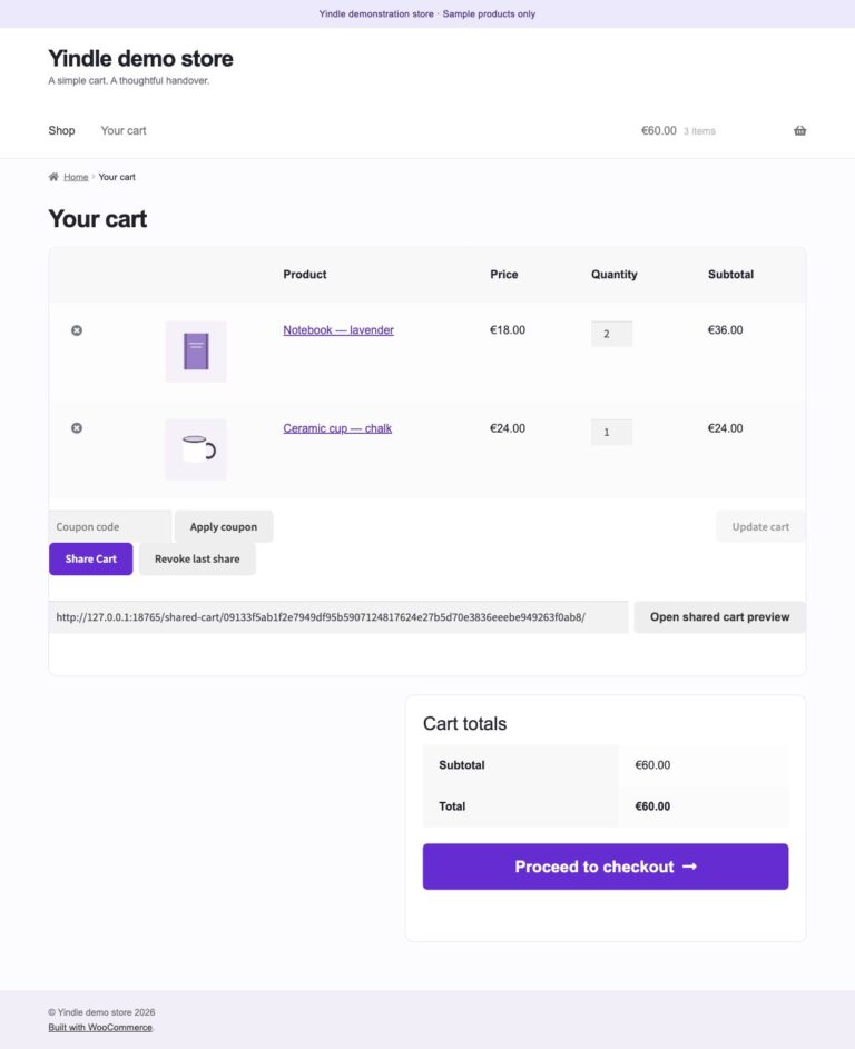 Share Cart by Yindle: a shared cart in a demonstration store with fictitious products.
